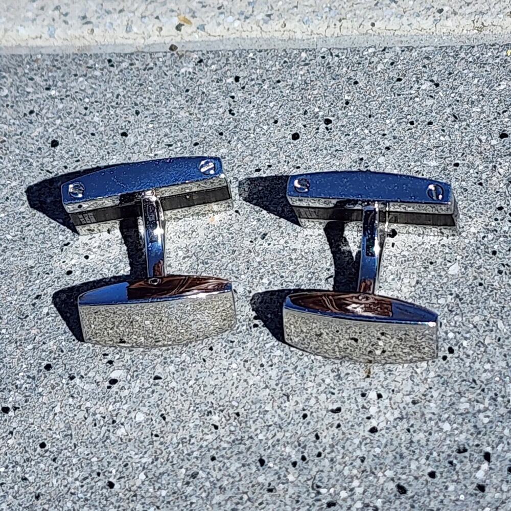 Vintage Rectangle Diamond Polished Stainless Steel Titanium 18k Gold Cufflinks - Picture 6 of 12